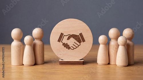 Wooden peg dolls standing in two groups facing a central circular disc featuring an engraved handshake symbol representing business partnership agreement and successful corporate negotiation strategy