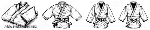 Set of hand drawn ink illustrations showing various judo and karate martial arts uniforms
