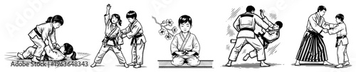 Collection of vintage ink sketches depicting children practicing judo and martial arts