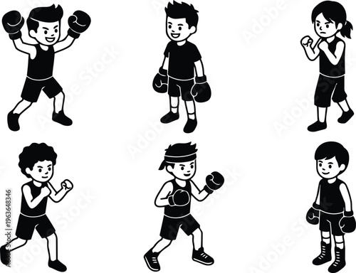 Black and white line art six kids boxing in various poses with gloves and shorts