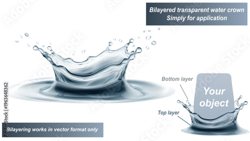 Transparent water crown in gray colors with splashes and drops. It consists of two layers - front and back. You can insert any object between them, only for vector format.
