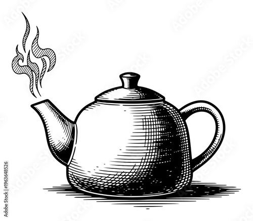 Vintage black and white ink drawing of a steaming teapot with classic rounded design
