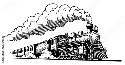 Detailed black and white illustration of a classic steam locomotive train with smoke clouds