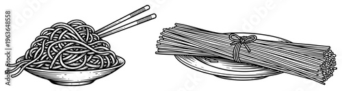 Vintage ink drawing of asian noodles in a bowl with chopsticks and raw spaghetti