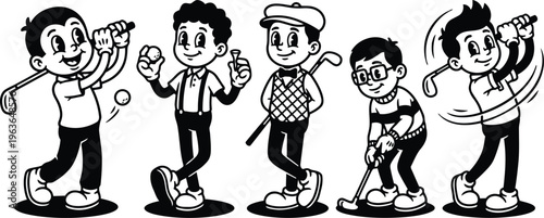 Retro cartoon golfers in various poses swinging and lining up a putt black and white vector art