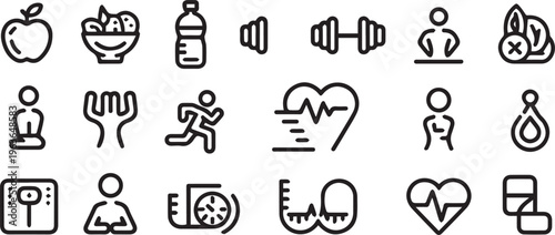 Fitness icons, health symbols, wellness signs, 20 line icons