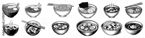 Set of black and white sketches featuring various bowls of traditional japanese ramen noodle soup