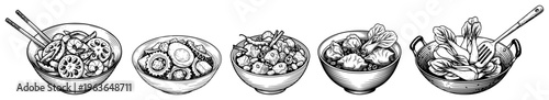 Hand drawn sketches of various Asian cuisine bowls and stir fry dishes with chopsticks