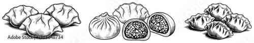Collection of traditional Chinese dumplings and dim sum sketches featuring different shapes
