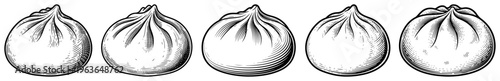 Vintage ink drawing of traditional Chinese soup dumplings or xiao long bao