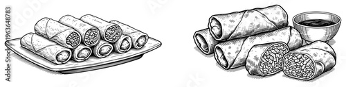 Set of hand drawn illustrations featuring crispy spring rolls with dipping sauce