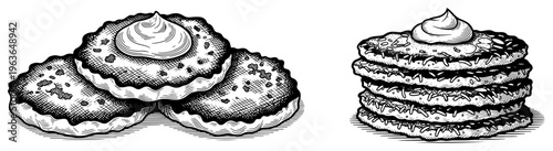 Vintage ink drawing of traditional pancakes with a dollop of cream