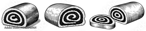Set of hand drawn illustrations featuring sliced poppy seed rolls or strudels