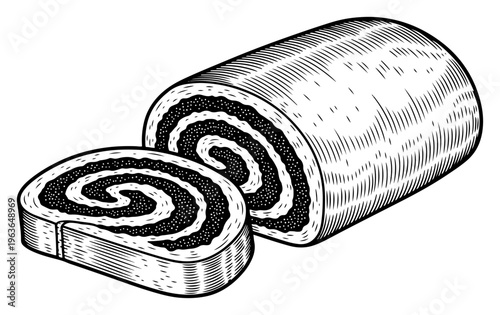 Detailed ink sketch of a traditional poppy seed roll with visible swirl pattern