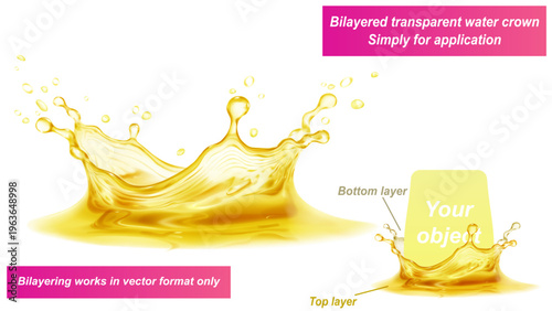 Transparent water crown in golden colors with splashes and drops. It consists of two layers - front and back. You can insert any object between them, only for vector format.