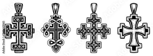 Set of various ornate decorative crosses with intricate metalwork and religious symbols