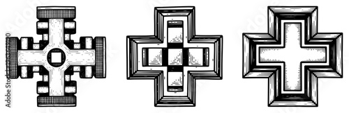 Collection of vintage ink sketches featuring decorative architectural cross symbols