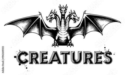Detailed ink drawing of a three headed dragon creature with large wings