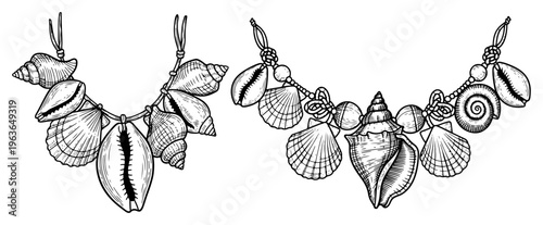 Vintage ink sketch of decorative necklaces made from various sea shells and beads