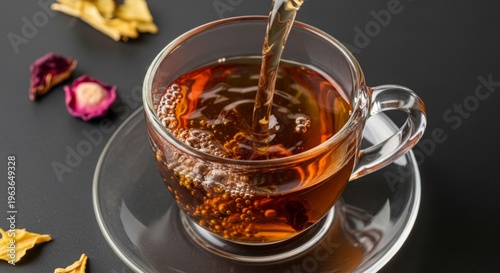 Hot herbal tea being poured into glass cup on dark table