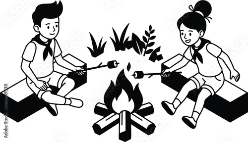 Black and white line art two children roasting marshmallows over campfire on logs