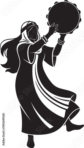Silhouette of woman playing tambourine, traditional arabian attire, long flowing hair, dancing, celebration, festive event, cultural performance, ancient music.
