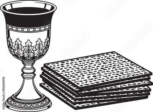 Ornate chalice and stack of matzah bread, symbolic religious illustration in black and white.