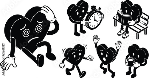 Black and white heart characters in varied poses reading holding clock sitting on bench