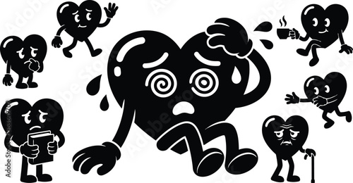 Black and white dizzy heart character sweating with spiral eyes and surrounding emotion icons