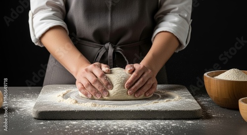 Baker kneading dough on floured surface in artisan kitchen