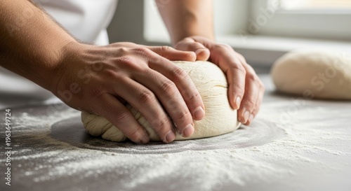 Baker kneading fresh dough in warm sunlit kitchen
