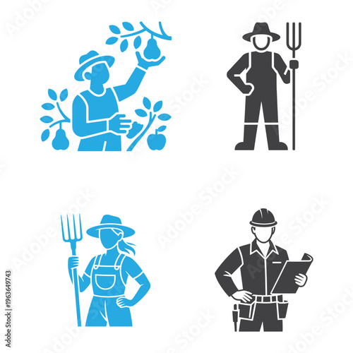 Four blue glyph icons depicting farmers with tools fruits and engaged in various agricultural tasks