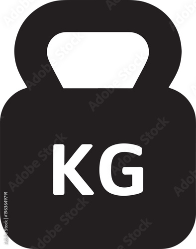Black silhouette of a kettlebell with white text KG' on a white background for weight and fitness representation Keywords: kettlebell, weight, kg