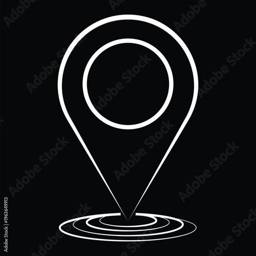 White Minimalist Map Pin Icon with Circular Base on Black, Modern Location Marker Vector Illustration for Navigation and Interface Design.