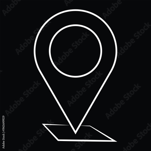 White Minimalist Map Pin Outline Icon with Square Base on Black, Location Marker Vector Illustration for Navigation, GPS, and Dark Mode Interface Design.