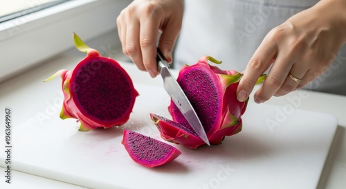 Chef slicing fresh dragon fruit on white cutting board in bright kitchen