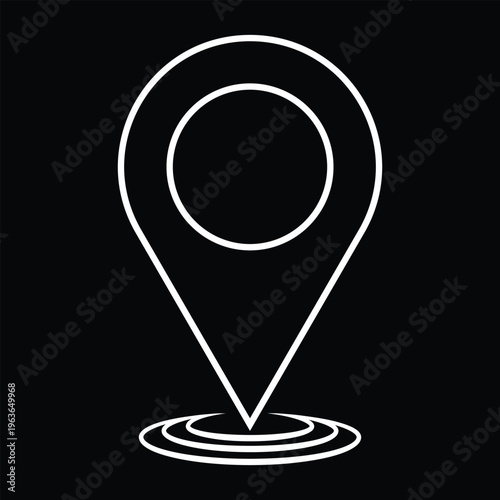 White Minimalist Map Pin Outline Icon with Concentric Circular Base on Black, Location Marker Vector for Navigation and Interface Design.