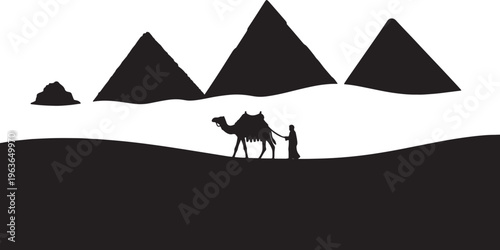 Silhouette vector illustration of a camel caravan in desert landscape with ancient pyramids under vast sky.