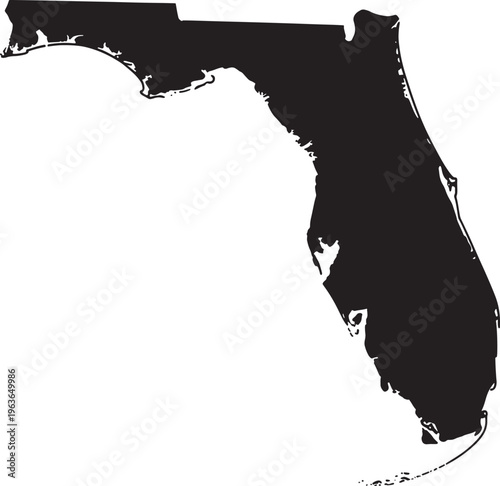 Black silhouette outline map of the state of Florida United States of America with detailed coastline and islands on a white background for
