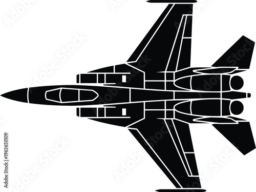 Black and white top view fighter jet silhouette vector art with cockpit and twin engines