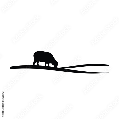 Black silhouette of a cow grazing on a hill with wavy lines