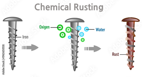 Chemical rusting process steps. Iron reacts with the oxygen and water to produce rust or hydrated iron oxide. Metal degradation. Illustration vector