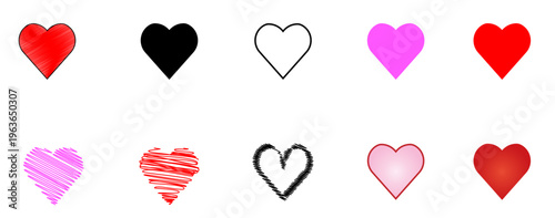 Conjunto de corazones. Ilustración vectorial con forma de garabato, en color, en blanco y negro. Iconos de San Valentin para sitio web, folleto, app y otros.