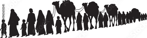A long line of people and camels walking, illustrating a biblical exodus or an ancient middle eastern journey.