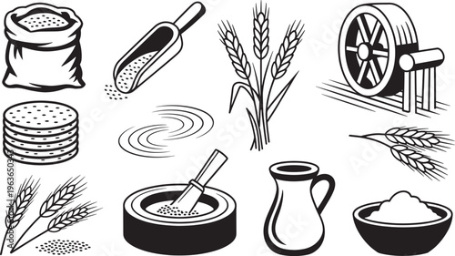 Collection of black and white line representing the process of making flour and bread from wheat grains including sacks scoops ears of wheat and