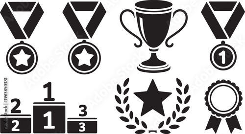 Collection of black and white representing awards including medals trophies laurel wreaths and winner podiums for sports and competition recognition