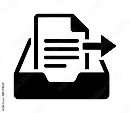 Outbox tray icon with document and arrow for outgoing files | Business mail delivery and data transfer concept | Black flat vector illustration