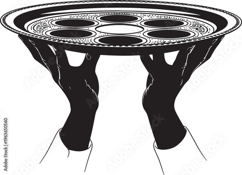 Two hands holding traditional jewish passover seder plate with empty compartments for ritual symbolic foods black silhouette vector illustration for use.