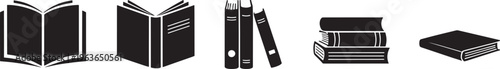 Collection of black solid silhouette representing various books including open books closed books and stacked books on a white background