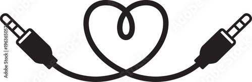 Black silhouette of an audio cable forming a heart shape with two jack connectors at either end symbolizing love for music or connection